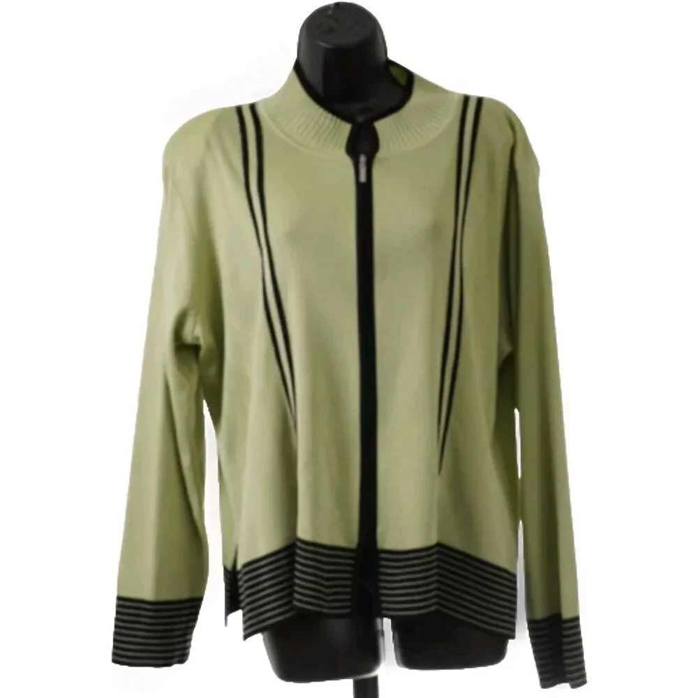 Exclusively Misook Sweater Cardigan Green Striped Women's Acrylic Padded XL